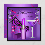 Junggeselinnen-Abschied Lila Pink Zebra Lipstick Einladung (Vorne/Hinten)