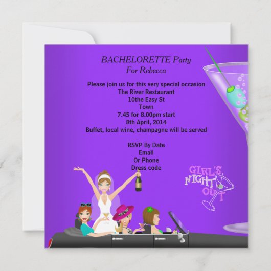 Junggeselinnen-Abschied Lila Spaß Limo Auto Cockta Einladung (Rückseite)