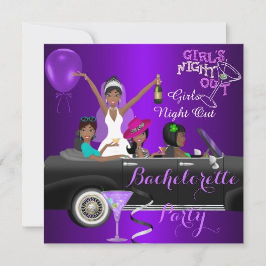 Junggeselinnen-Abschied Lila Spaß Limo Auto Cockta Einladung (Vorderseite)