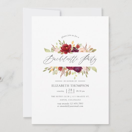 Junggeselinnen-Abschied Marsala und Blush Einladung (Vorderseite)