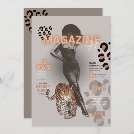 Junggeselinnen-Abschied Mode Diva Magazin Einladung (Vorne/Hinten)