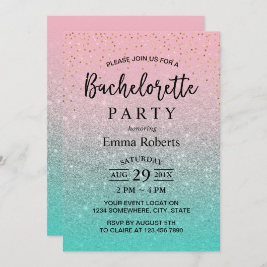 Junggeselinnen-Abschied Moderner rosa Silberner Aq Einladung (Vorne/Hinten)