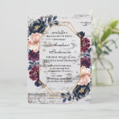 Junggeselinnen-Abschied Navy Burgundy Pink Peony W Einladung (Stehend Vorderseite)