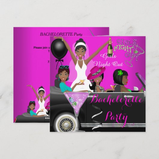 Junggeselinnen-Abschied Pink Fun Limo Auto Cocktai Einladung (Vorne/Hinten)