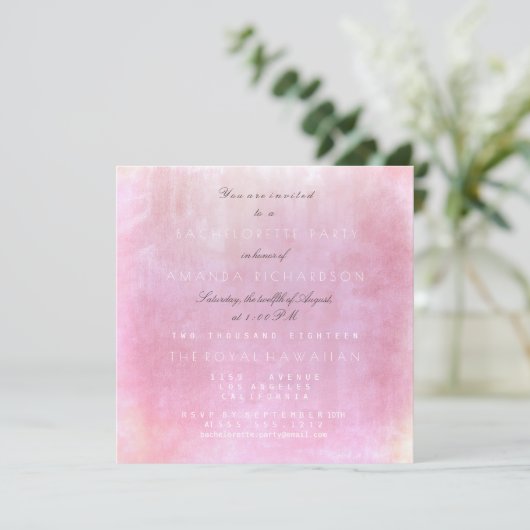 Junggeselinnen-Abschied Pink Powder Pastel Wasserf Einladung (Stehend Vorderseite)