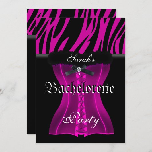 Junggeselinnen-Abschied Pink Zebra Black Corset Einladung (Vorne/Hinten)
