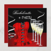 Junggeselinnen-Abschied Red Corset Black Champagne Einladung (Vorne/Hinten)