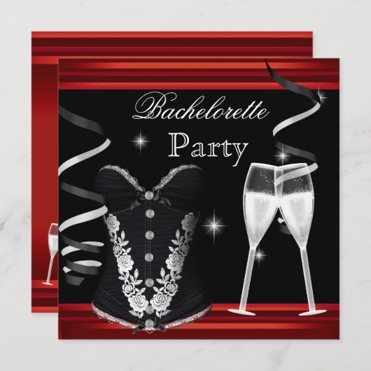 Junggeselinnen-Abschied Red Corset Black Champagne Einladung (Vorne/Hinten)