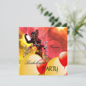 Junggeselinnen-Abschied Red Yellow Girl Balloons Einladung (Stehend Vorderseite)