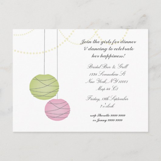 Junggeselinnen-Abschied Rosa grüne Laternen Einlad Einladungspostkarte (Rückseite)