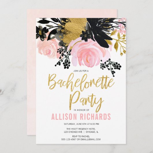 Junggeselinnen-Abschied Rosa Schwarz Einladung (Vorne/Hinten)
