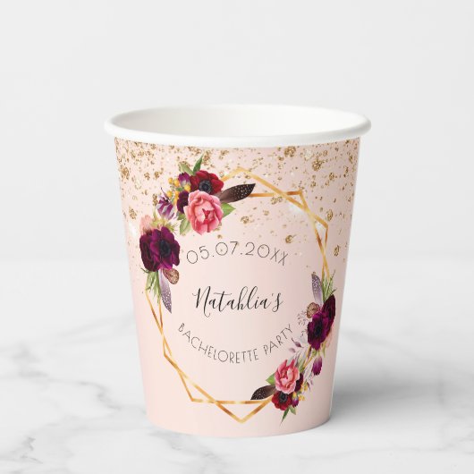 Junggeselinnen-Abschied Rose Gold Glitzer Blumenna Pappbecher (Rückseite)