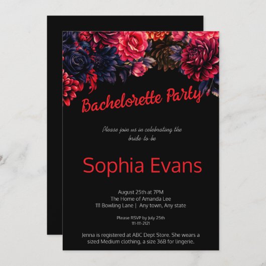 Junggeselinnen-Abschied Schwarz-Rot-Gotik Einladung (Vorne/Hinten)