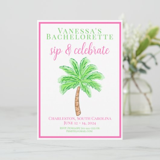 Junggeselinnen-Abschied Sip Celebrate Palm Tree Pr Einladung (Stehend Vorderseite)