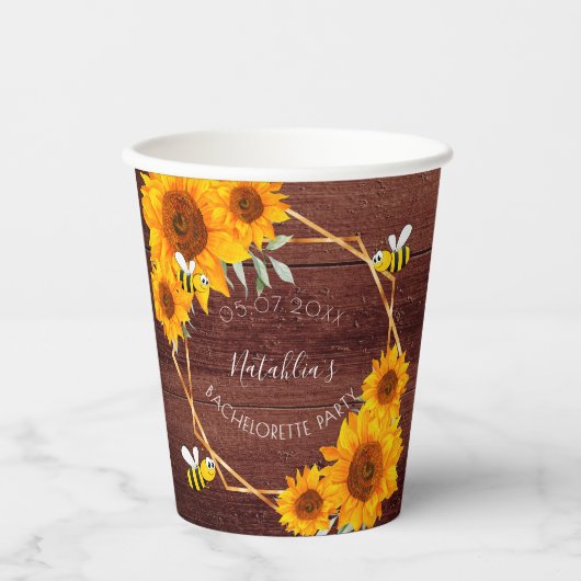 Junggeselinnen-Abschied Sonnenblumen rustikale Hol Pappbecher (Vorderseite)