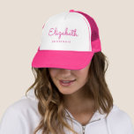 Junggeselinnen-Abschied-Team von Bridesmaid - Hot  Truckerkappe<br><div class="desc">Benutzerdefiniert Bildtext hier Bekleidungsvorlage Personalisierte Frauen's White and Hot Pink Junggeselinnen-Abschied Bridesmaid Name Baseball & Trucker Hats.</div>