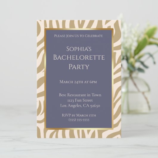 Junggeselinnen-Abschied-Zebra Print-Beige- Einladung (Stehend Vorderseite)