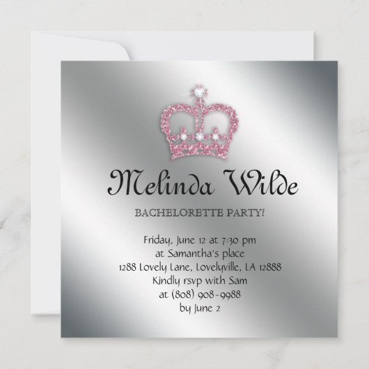 Junggeselinnen-Abschieds-rosa Prinzessin Crown Einladung (Rückseite)