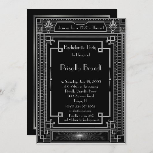 Junggeselinnen-Abschiedseinladung, großes Gatsby, Einladung (Vorne/Hinten)