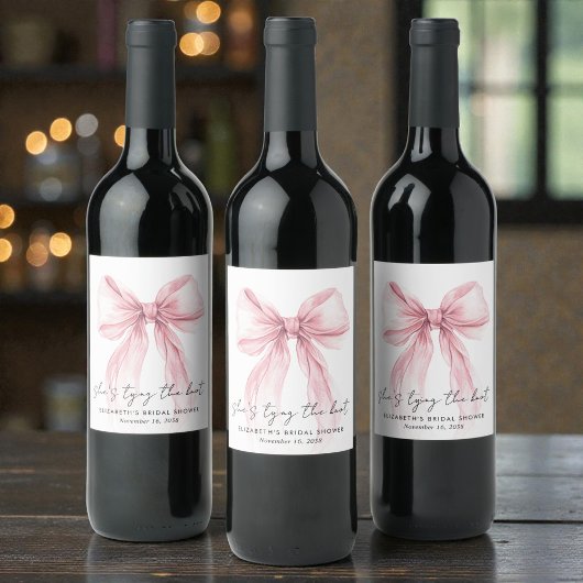 Junggesellinnen-Abschied mit rosa Schleife Weinetikett