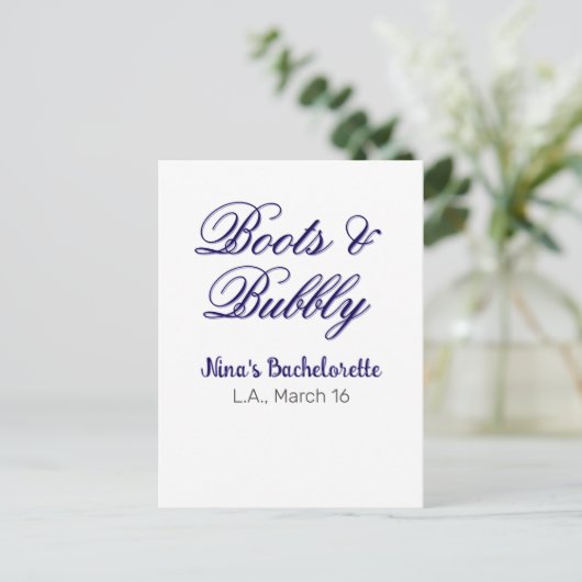 Junggesellinnen-Abschiedsparty Name Boots & Bubble Postkarte (Stehend Vorderseite)