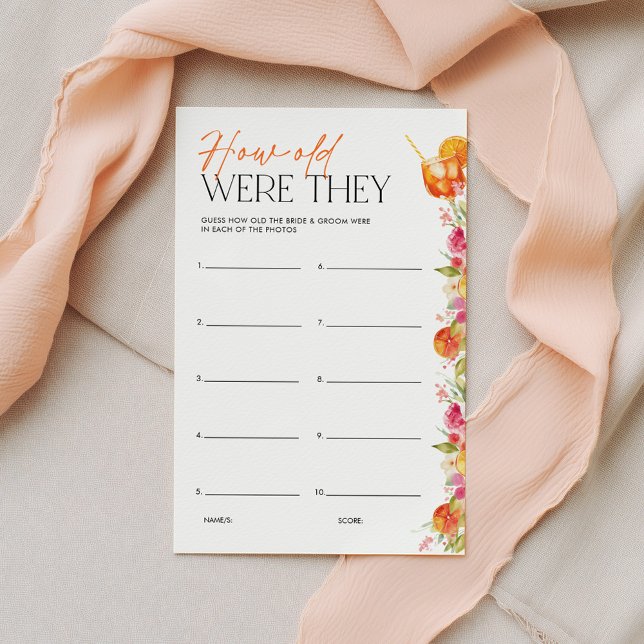 Junggesellinnen-Abschiedsspiel Wie alt waren sie b (How Old Were They? Love at First Spritz Bridal Shower | Pink Orange Floral Citrus)