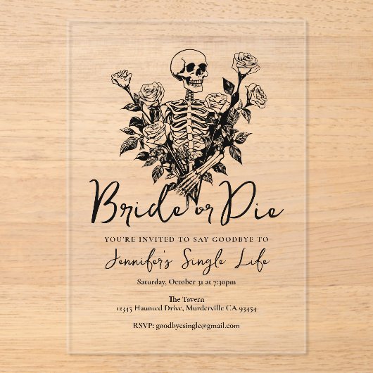 Junggesellinnenabschied Braut oder Tod Skelett Flo Acryleinladungen (Vorderseite)