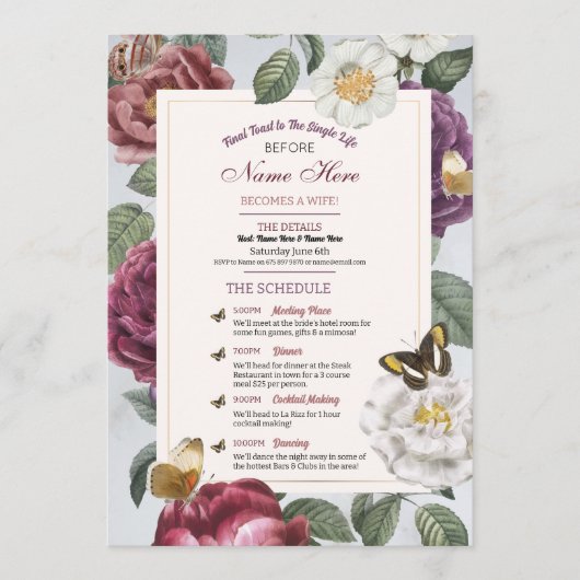 Junggesellinnenabschied-Itinerary Bloom Floral Sch Programm (Vorderseite)