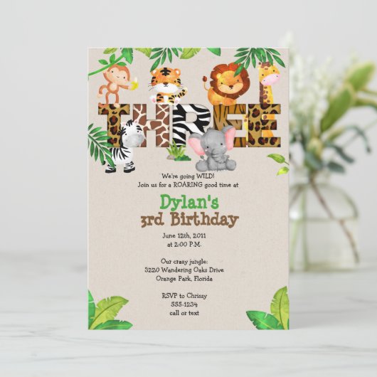 Jungle 3. Geburtstag Party Einladung (Stehend Vorderseite)