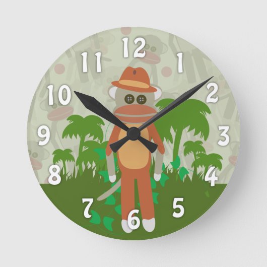 Jungle Adventure Explorer Cartoon Sock Monkey Fun Runde Wanduhr (Vorderseite)
