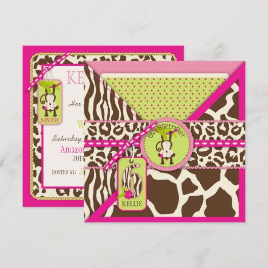 Jungle-Affe 6. Geburtstag Einladung Rosa (Vorne/Hinten)
