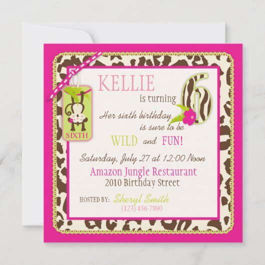 Jungle-Affe 6. Geburtstag Einladung Rosa (Rückseite)