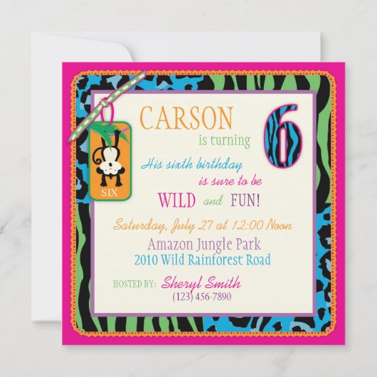 Jungle-Affe 6. Geburtstag Einladung wild (Rückseite)