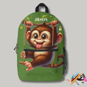Jungle Affenschwingen auf Baummonogramm Kinder grü Bedruckter Rucksack