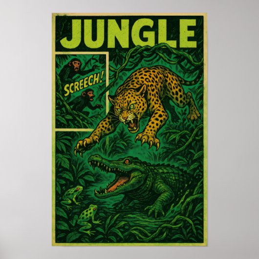 Jungle Ambush - Jaguar vs Alligator Retro Comic Poster (Vorne)