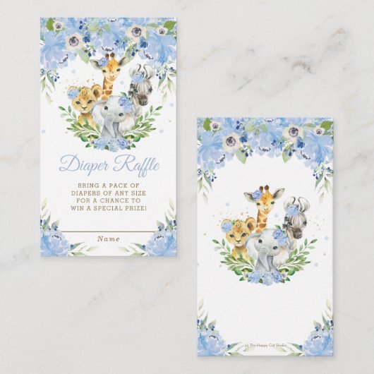 Jungle Animal Safari Blue Floral Diaper Raffle Begleitkarte (Vorne/Hinten)