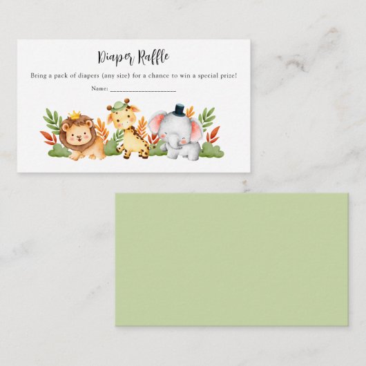 Jungle Animal Safari Kinderdusche Windeln Raffle Begleitkarte (Vorne/Hinten)