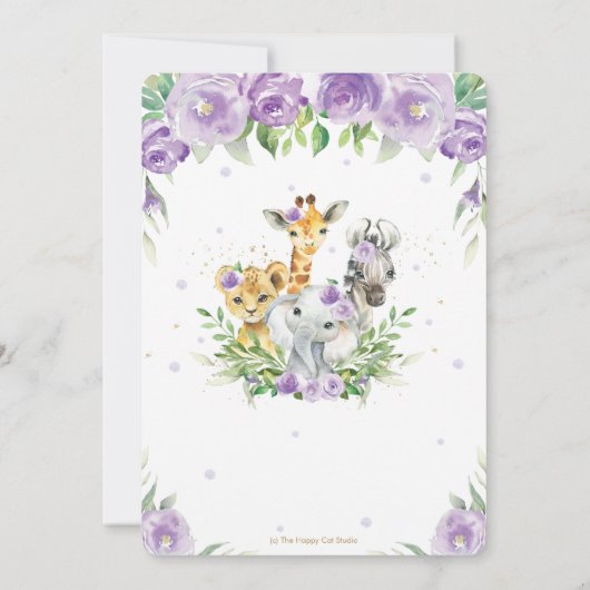 Jungle Animal Safari Lila Floral Baby Dusche Einladung (Rückseite)