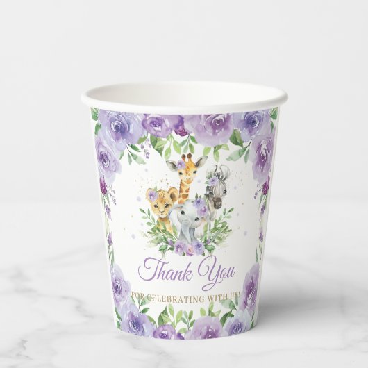 Jungle Animal Safari Lila Floral Baby Dusche Pappbecher (Rückseite)