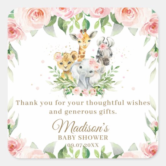 Jungle Animal Safari Pink Floral Girl Babydusche Quadratischer Aufkleber (Vorderseite)