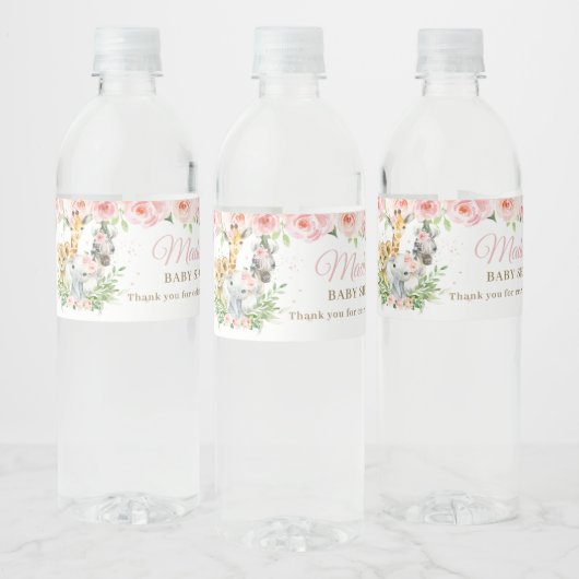 Jungle Animal Safari Pink Floral Girl Babydusche Wasserflaschenetikett (Flaschen)