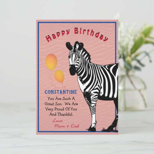 Jungle Animal Zebra Happy Birthday Card (Stehend Vorderseite)