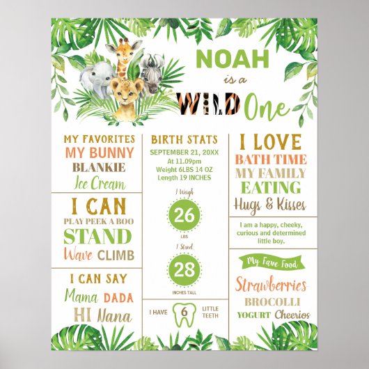 Jungle Animals 1. Geburtstag Meilenstein Geburtsst Poster (Vorne)