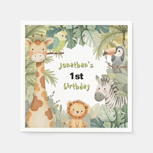Jungle Animals 1. Geburtstag Party Serviette (Vorderseite)