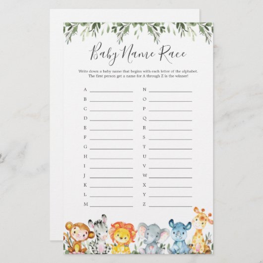 Jungle Animals Baby Dusche Name Race Game (Vorne/Hinten)