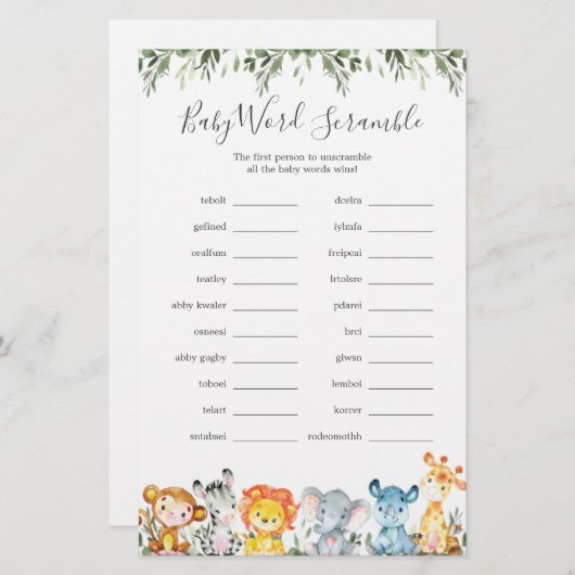 Jungle Animals Baby Dusche Word Scramble Game (Vorne/Hinten)