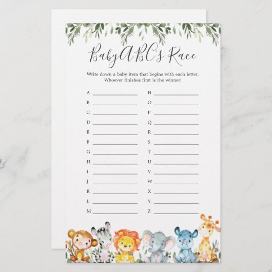 Jungle Animals Baby Shower ABCs Race Game (Vorne/Hinten)
