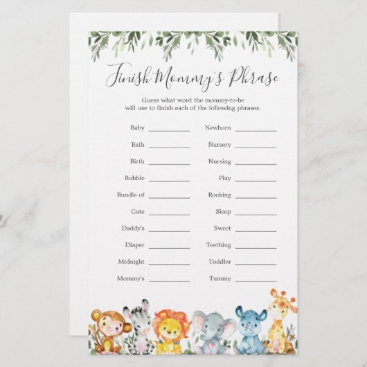 Jungle Animals Baby Shower beenden Mommy's Phrase (Vorne/Hinten)