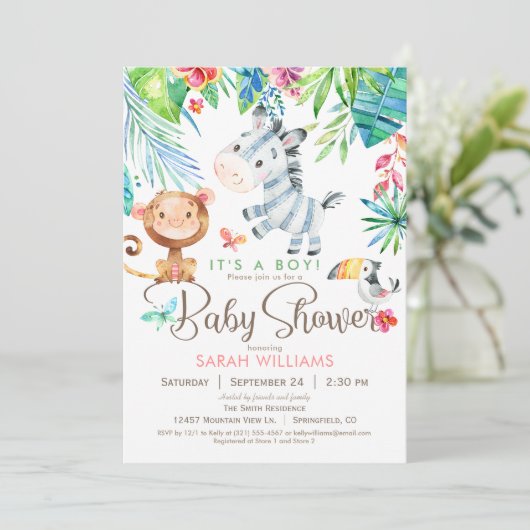 Jungle Animals Baby Shower Einladung, Junge oder M Einladung (Stehend Vorderseite)