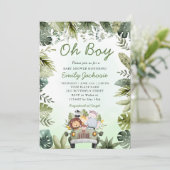 Jungle Animals Baby Shower Greenery Safari Boy Einladung (Stehend Vorderseite)